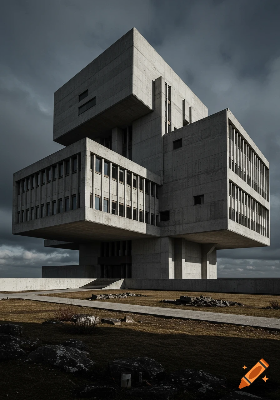 A massive, blocky brutalist building stands under a dark, cloudy sky.