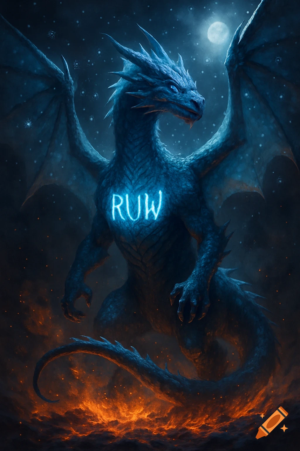 A majestic blue ice dragon with glowing RUW letters on its chest, standing in a fiery landscape under a full moon and starry night sky.