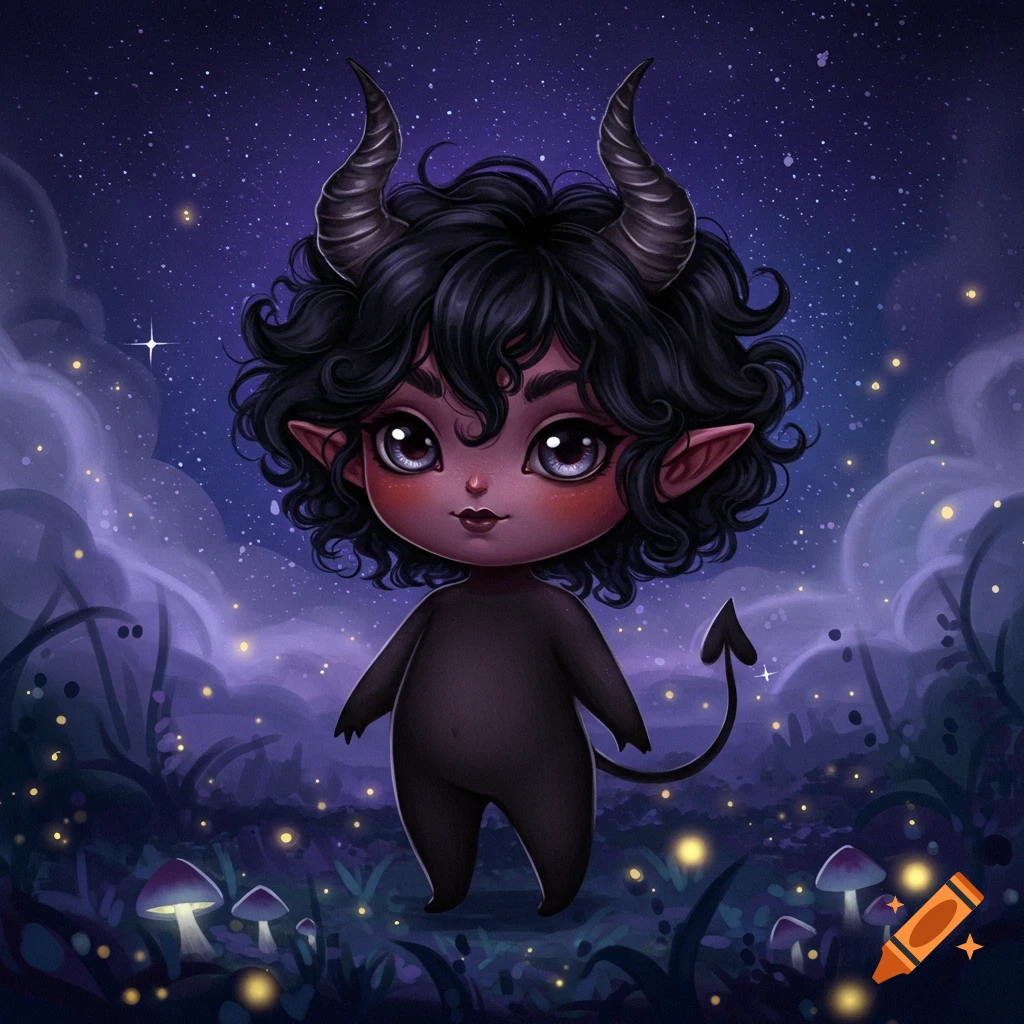 A cute demon illustration with curly black hair, horns, and a tail stands in a magical night forest.