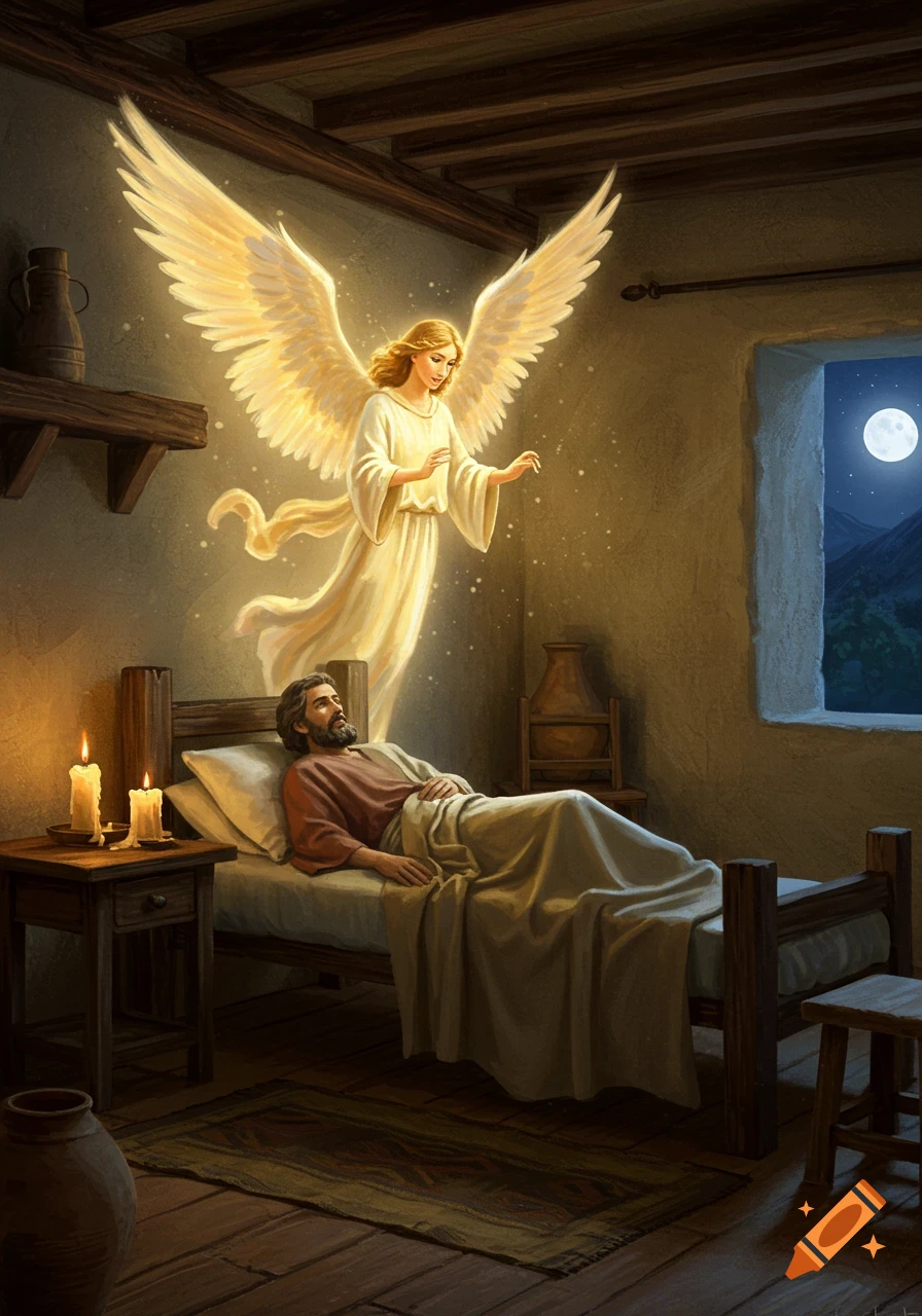 A glowing angel with large wings stands over a bearded man sleeping in a rustic room at night, with a full moon visible through a window.