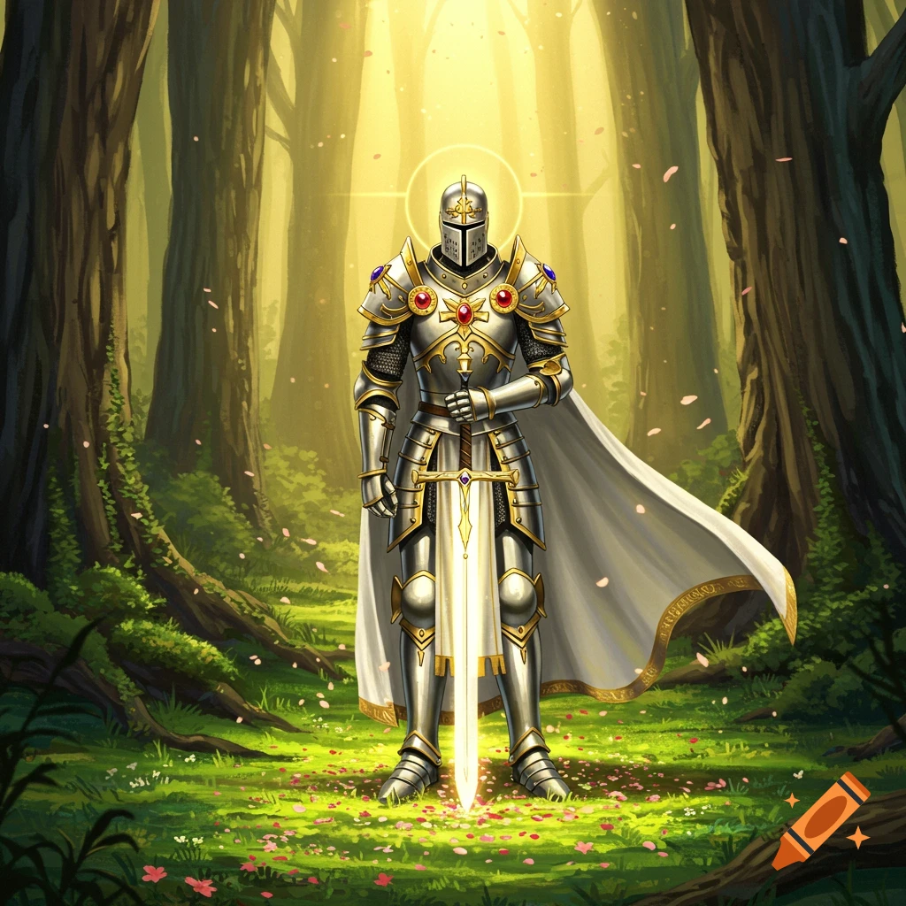 A holy knight in shining ornate armor stands in a sunlit forest, holding a glowing sword.