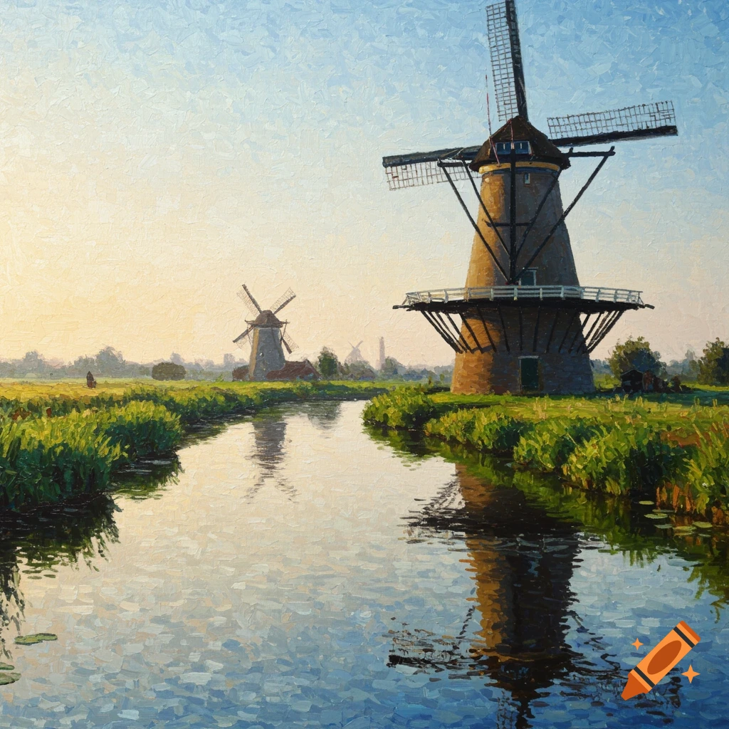 Pointillist painting of windmills next to a river with reflections, under a clear sky.