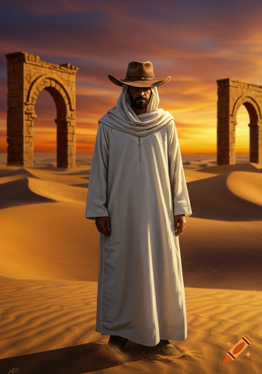 A man in a white thawb and cowboy hat stands in a vast desert with sand dunes and stone arches at sunset, photorealistic.