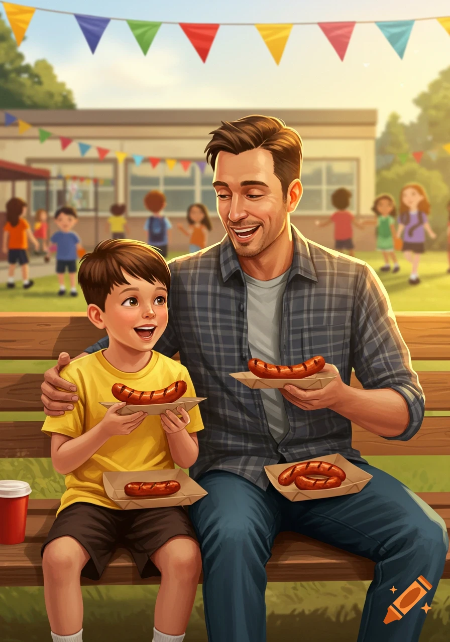 A father and son happily sit on a bench eating sausages at an outdoor school event with other children playing in the background.