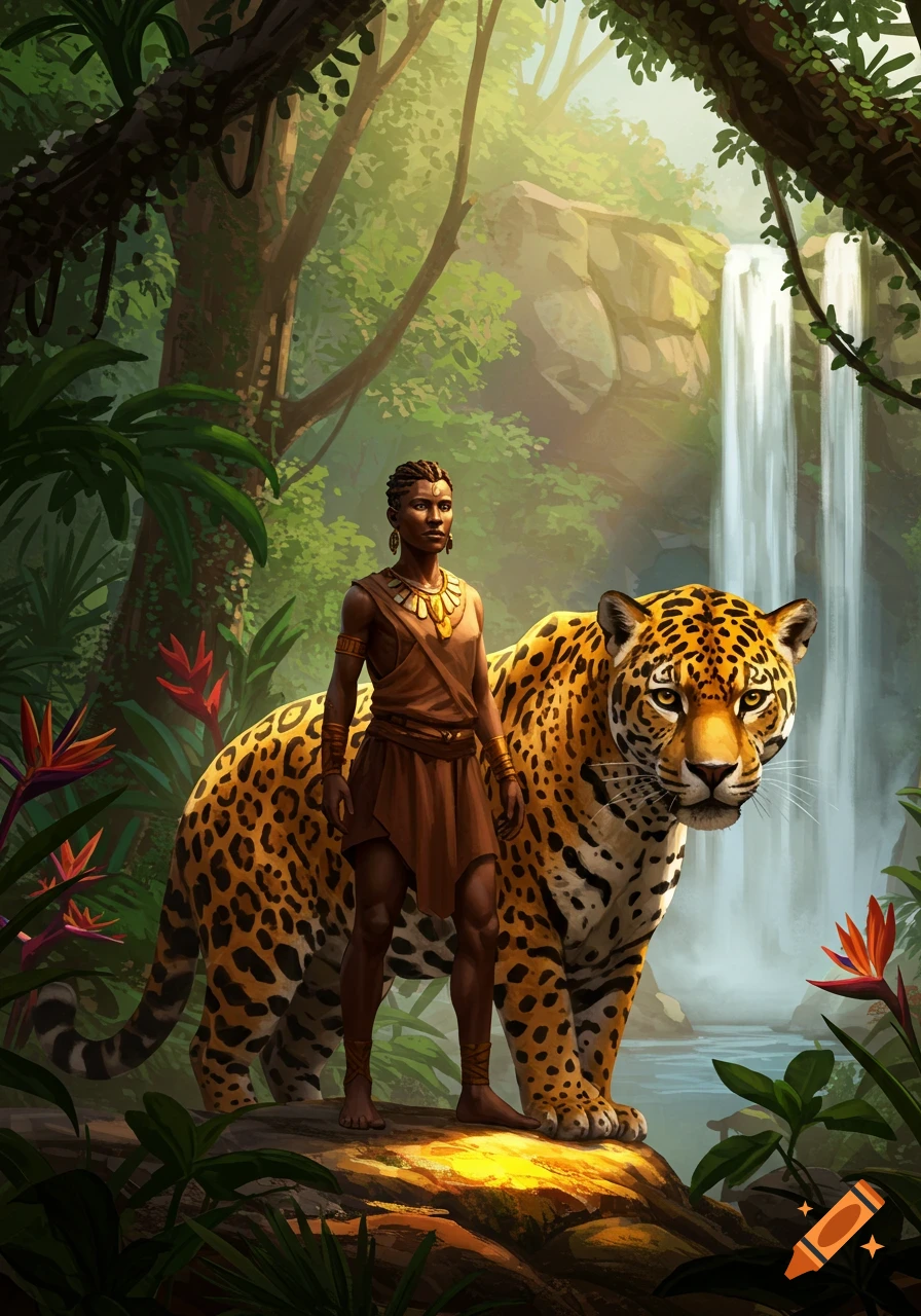 An illustration of a woman in a brown tunic standing next to a large jaguar on a rock in a lush jungle with a waterfall.