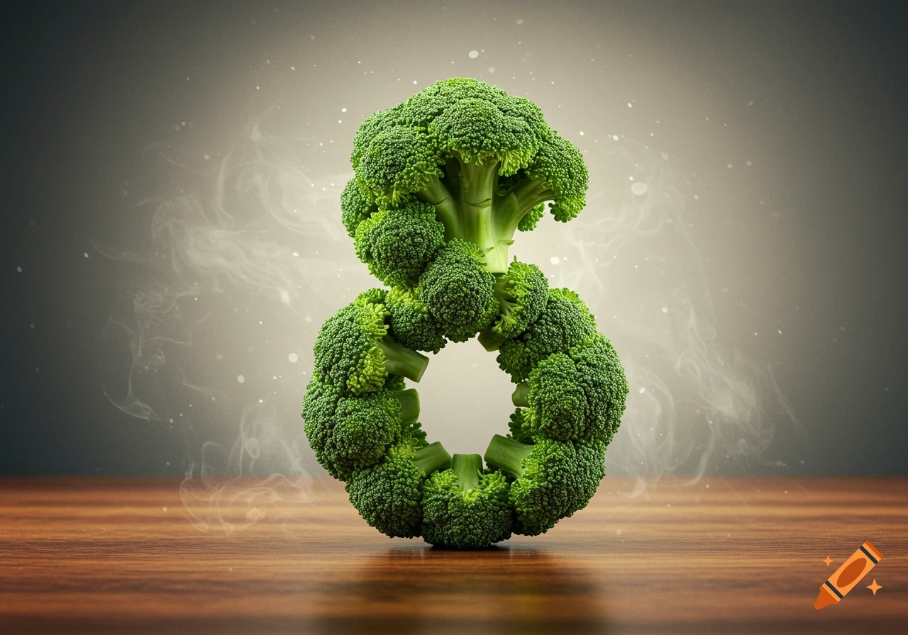 Photorealistic image of green broccoli arranged to form the number 8, standing on a wooden surface with a smoky background.