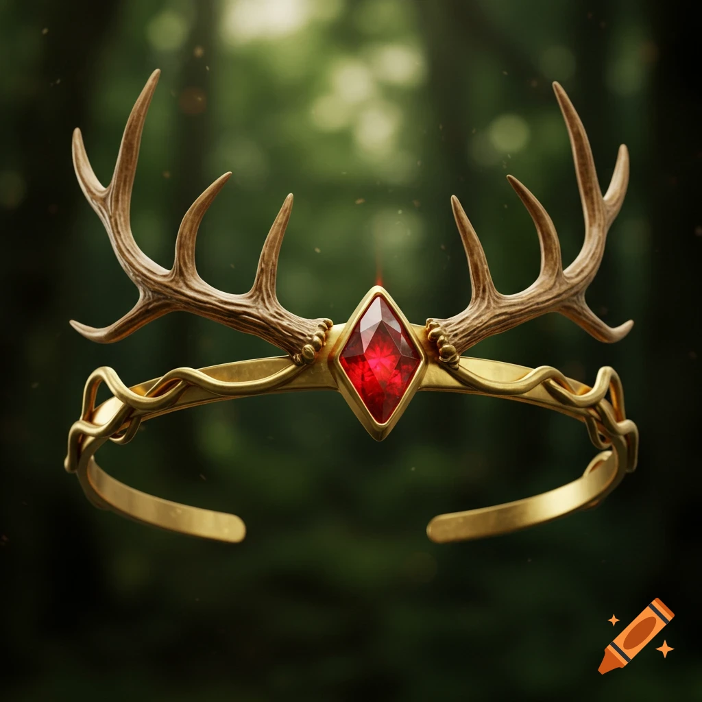 A golden circlet adorned with large antlers and a vibrant red ruby at its center, set against a blurred green forest background.