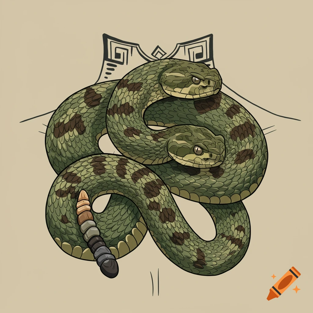 Two green and brown rattlesnakes coiled together in a stylized, indigenous tattoo art style on a light background.