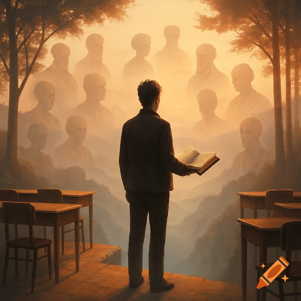 A man holds an open book, facing ghostly figures in a misty mountain landscape with scattered desks under a warm, golden sky.
