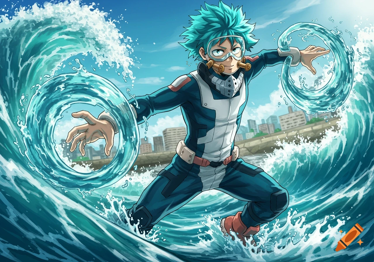 A male anime teenager with spiky teal hair and goggles, wearing a blue and white jumpsuit, stands in crashing waves, summoning water whirls.