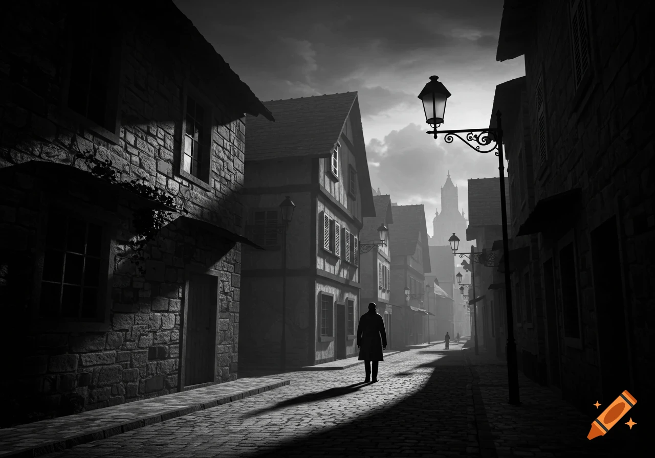A person in a coat walks down a dark, cobblestone street lined with old buildings under a cloudy sky in a black and white scene.