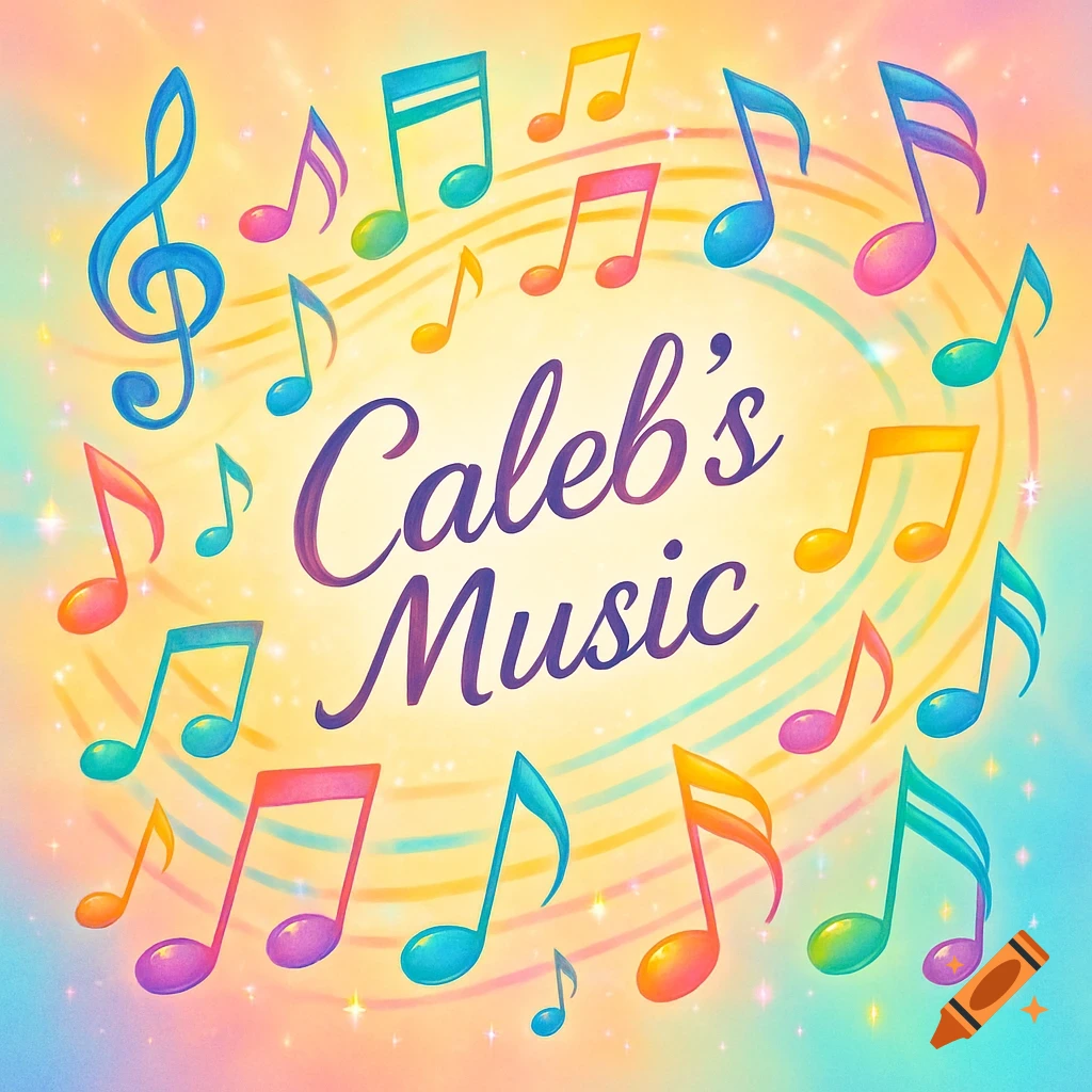Colorful illustration of musical notes surrounding "Caleb's Music" text on a glowing background.