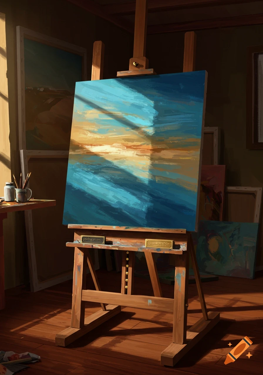 A painting of a sunset or sunrise over water on an easel in an art studio, bathed in warm light.