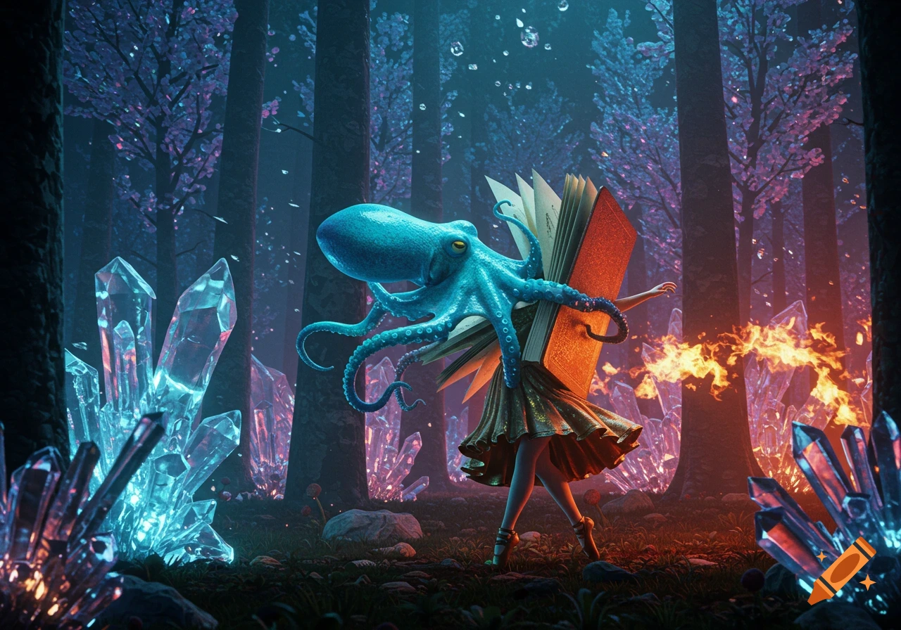 A blue octopus with human legs wearing a skirt and holding an open book dances in a glowing magical forest with large crystals and fire.