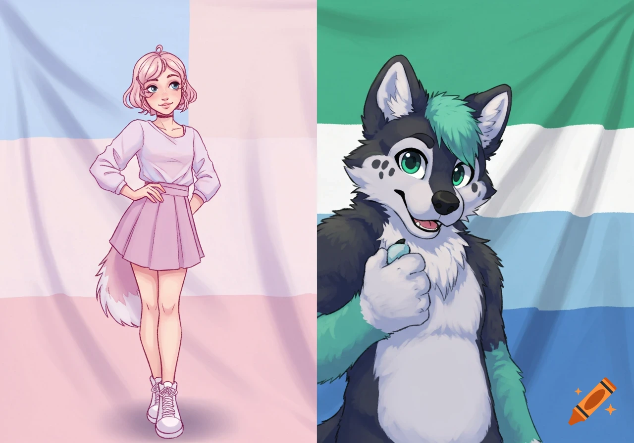An anime-style character with pink hair and a tail against a trans pride flag, beside a gray and white furry against a furry pride flag.