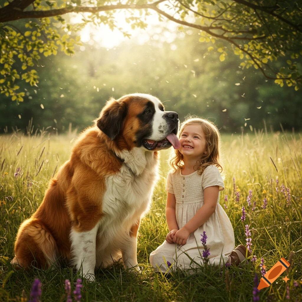 A large St. Bernard dog licks a happy young girl's face in a sunny, grassy field with trees and purple flowers.