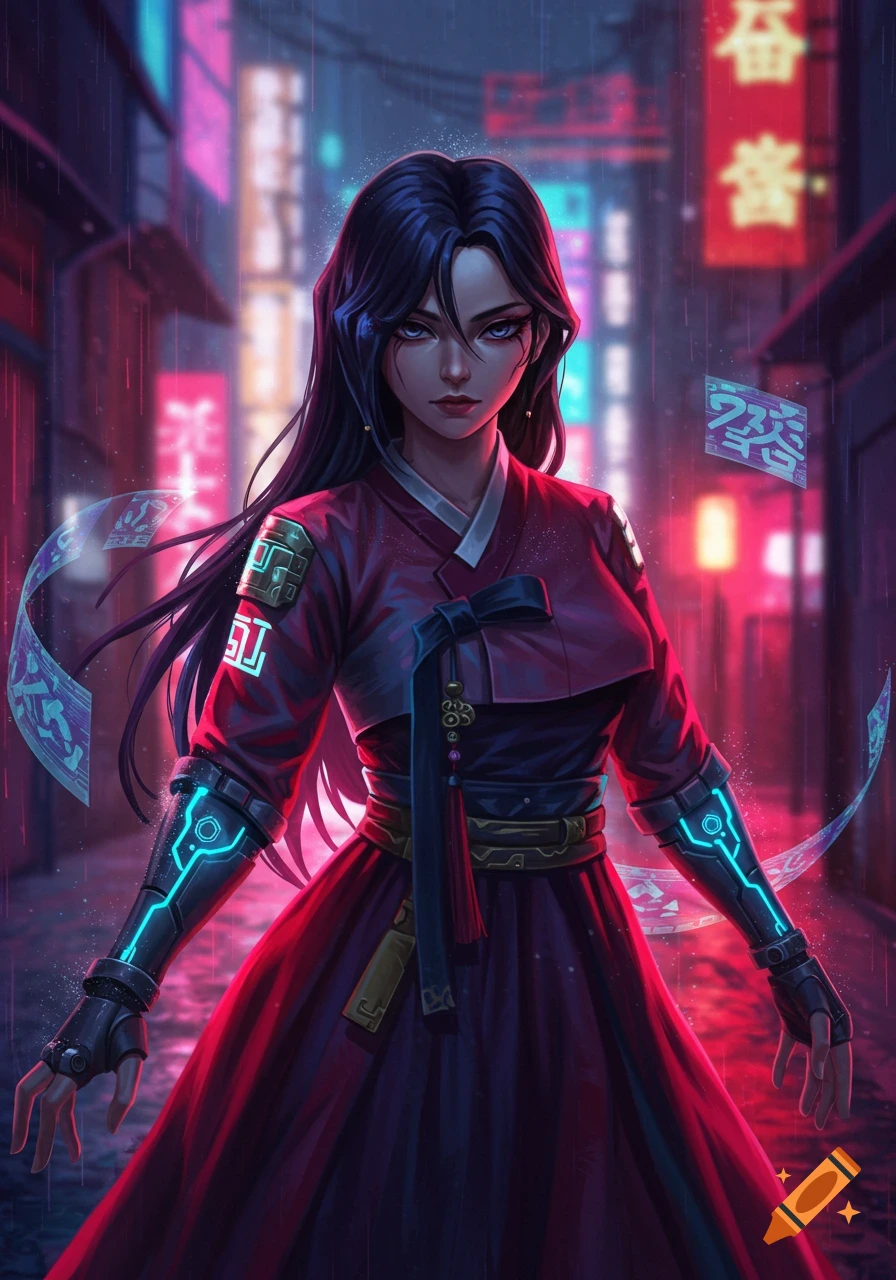 An anime-style woman with long dark hair, wearing a red hanbok with glowing futuristic details, stands in a rainy, neon-lit cyberpunk alley.