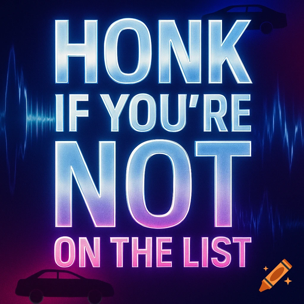 A dark poster with bright blue and pink neon text reading HONK IF YOU'RE NOT ON THE LIST, with subtle car silhouettes and sound wave graphics.