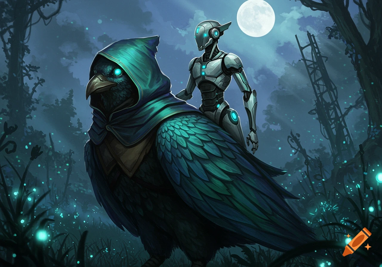 A hooded humanoid bird with glowing eyes carries a robot on its back through a mystical, moonlit forest. Digital art.