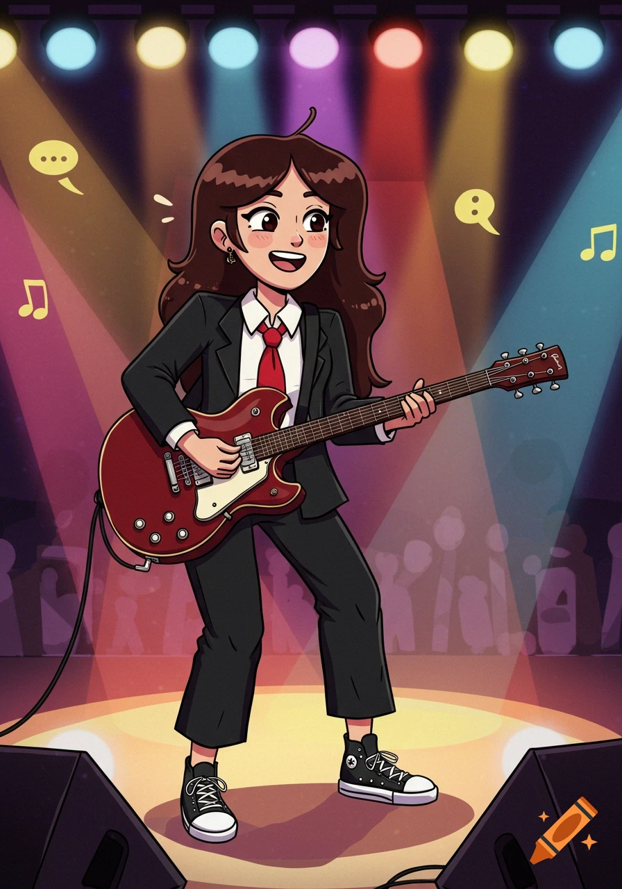 A cartoon girl with long dark brown hair, wearing a black suit and red tie, plays a red electric guitar on a brightly lit stage in front of a blurry audience.