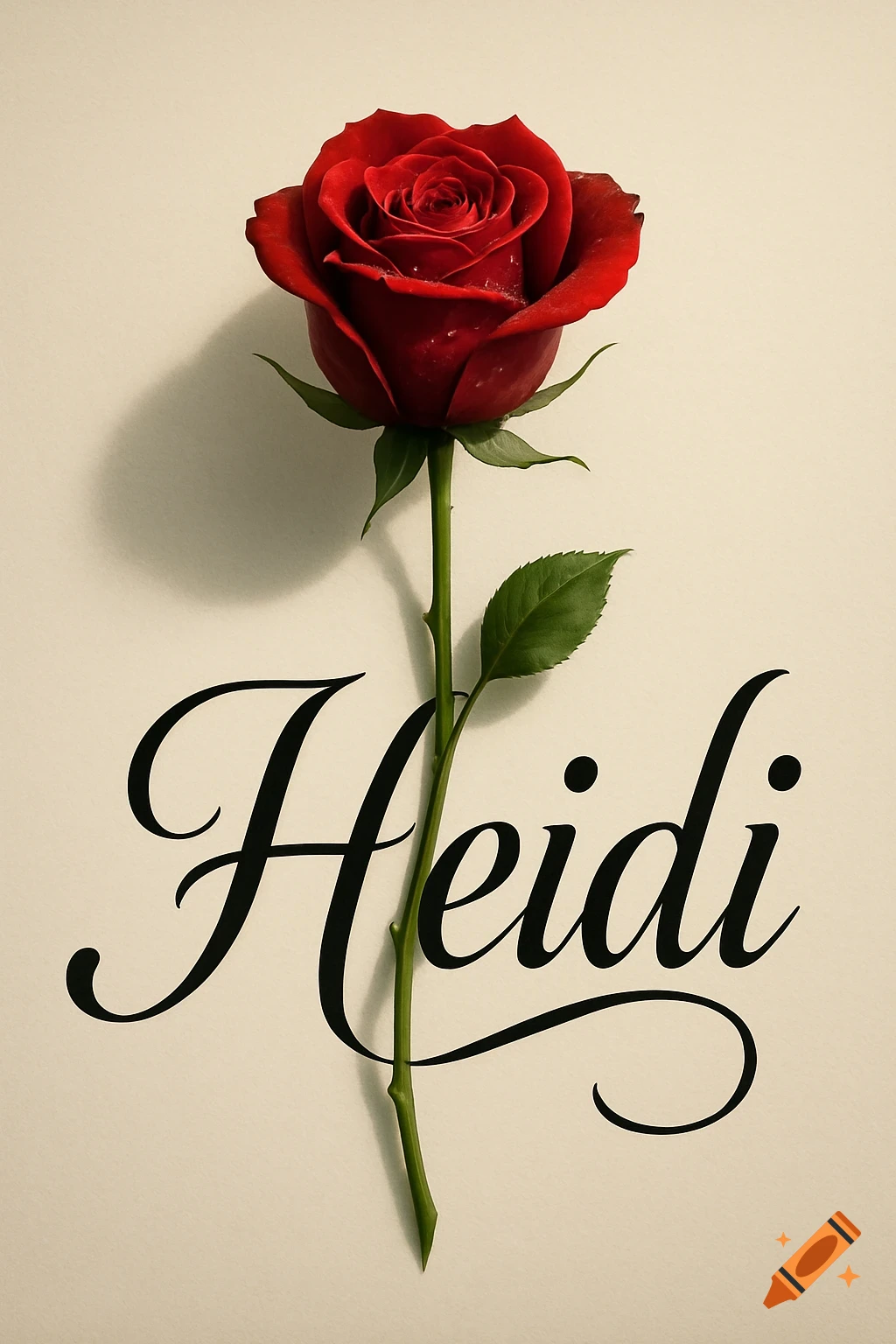 A vibrant red rose with its stem vertically passing through the elegant cursive name Heidi.
