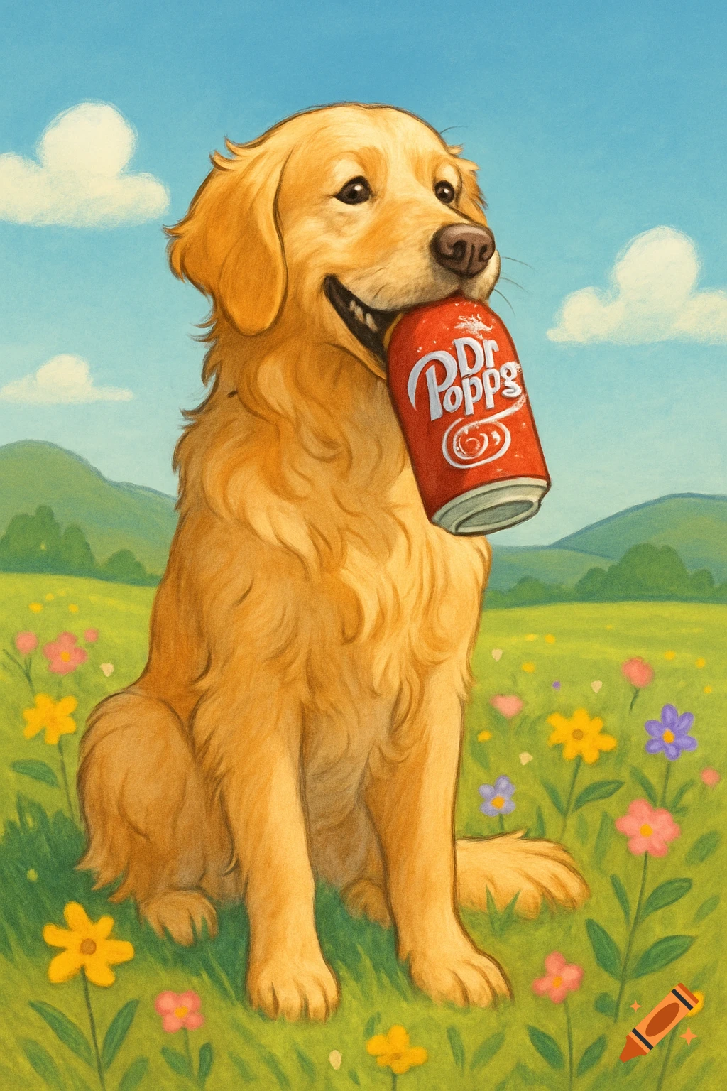 An illustration of a golden retriever dog sitting in a field of colorful wildflowers, holding a red soda can with "Dr Popps" written on it in its mouth. The sky is blue with fluffy white clouds.