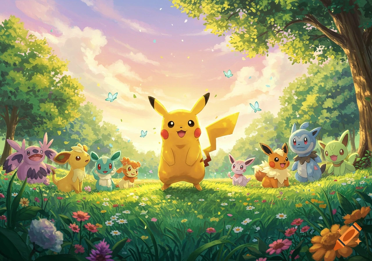 Pikachu stands in a vibrant flower-filled meadow, surrounded by several other diverse Pokemon characters under a bright sky.