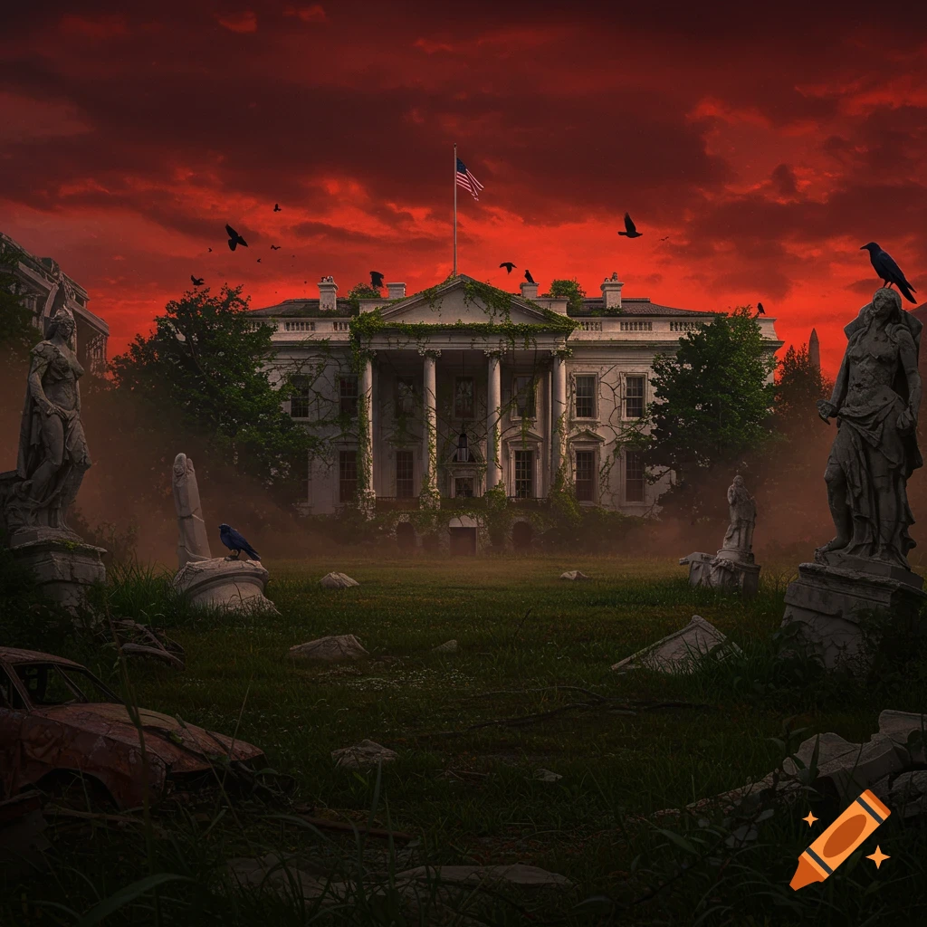 A desolate, photorealistic scene of the White House overgrown with vines, surrounded by crumbling statues and a rusty car, beneath a dark red sky.