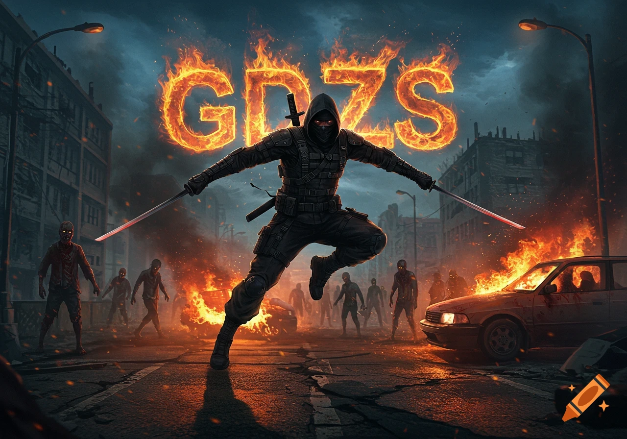 A tactical ninja warrior leaps with dual swords amidst a fiery, destroyed city, surrounded by zombies and burning cars. Fiery letters 'GDZS' blaze in the dark sky.