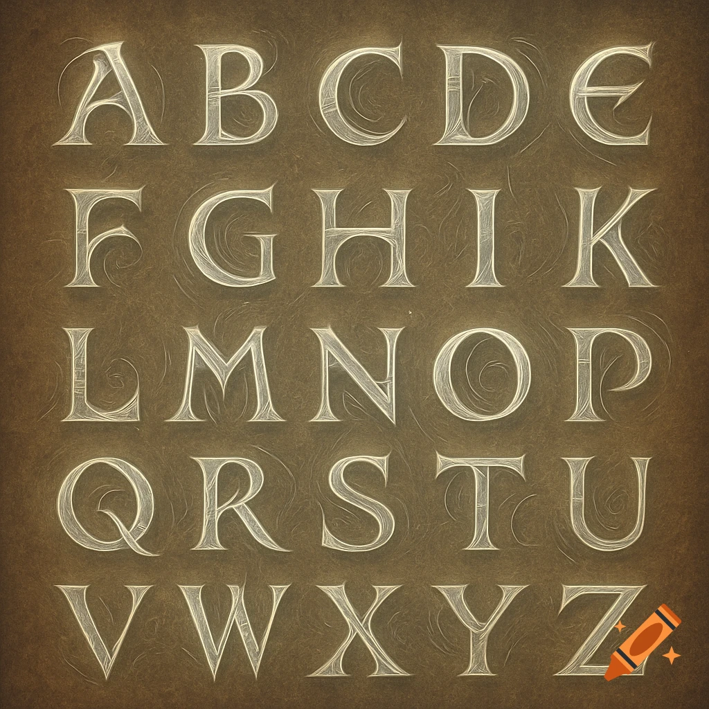The English alphabet (A-Z) in stylized, ornate, glowing white letters on a textured brown background.