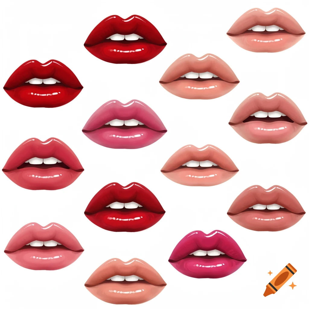 A seamless pattern of stylized glossy lips in shades of red, pink, and nude, depicted as icons.