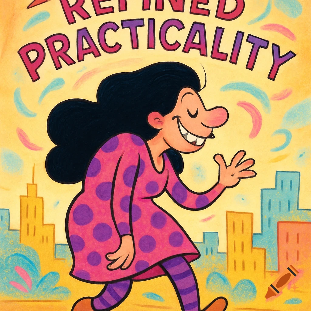 A cartoon woman with dark hair in a pink polka dot dress walks past a city skyline under the text "REFINED PRACTICALITY".