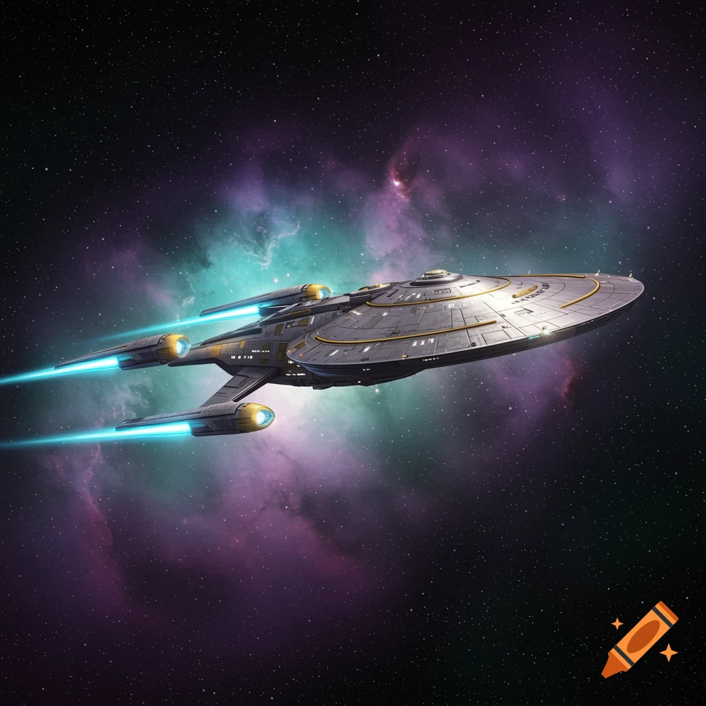 Sleek starship with glowing blue engines flying through a colorful nebula in deep space.