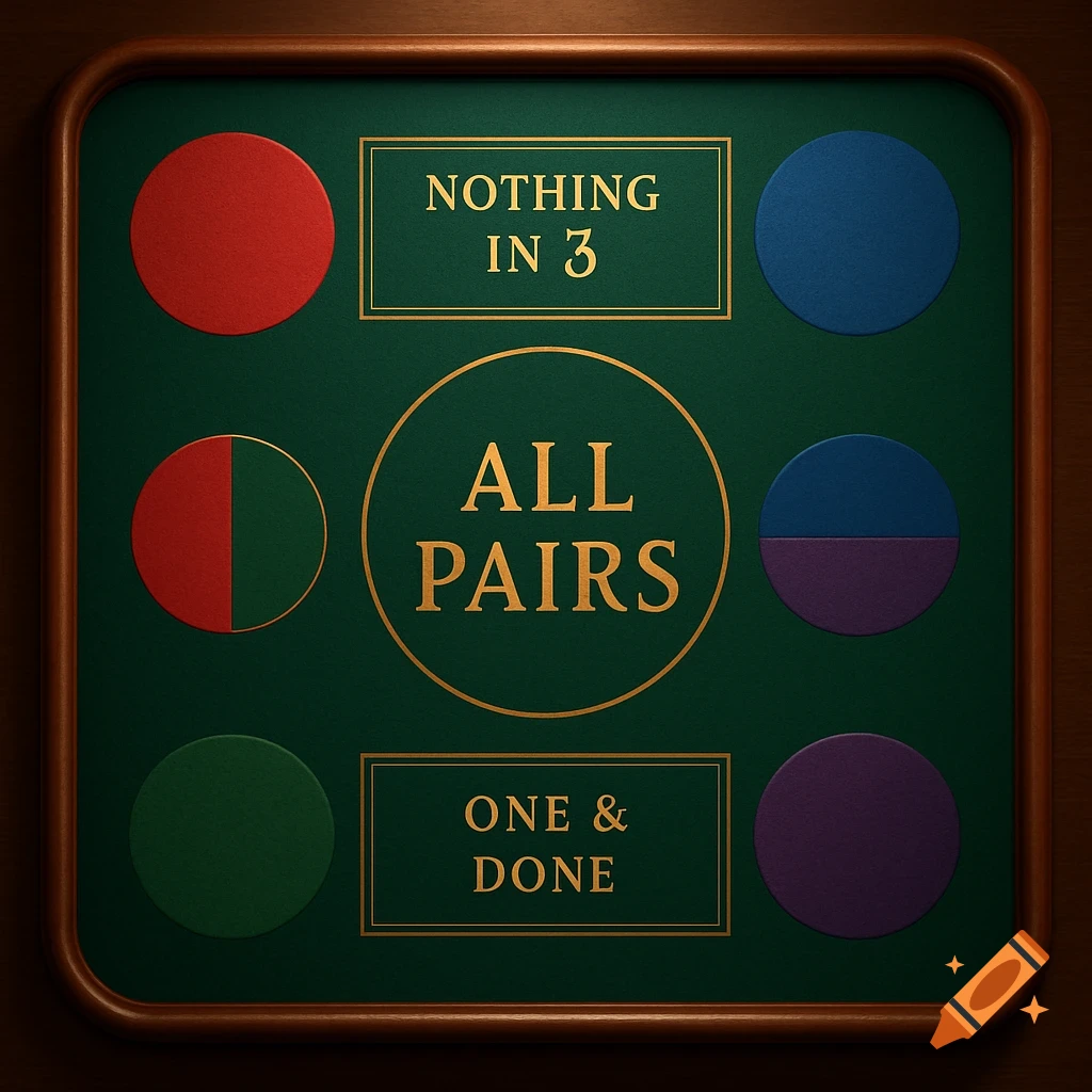 A casino-style green felt game board with text and colorful circles.