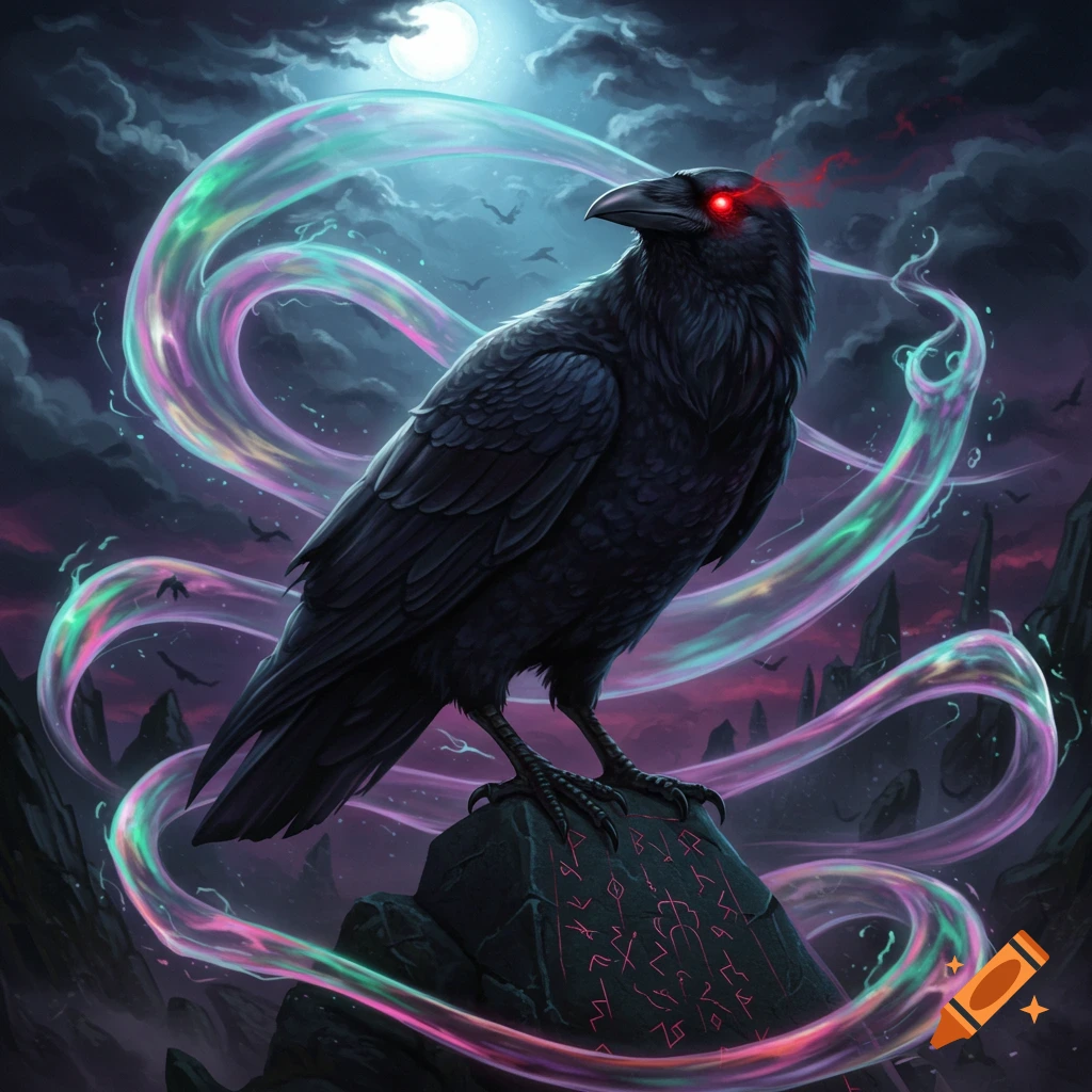 A dark raven with glowing red eyes stands on a stone etched with runes, surrounded by swirling colorful magical energy under a full moon.