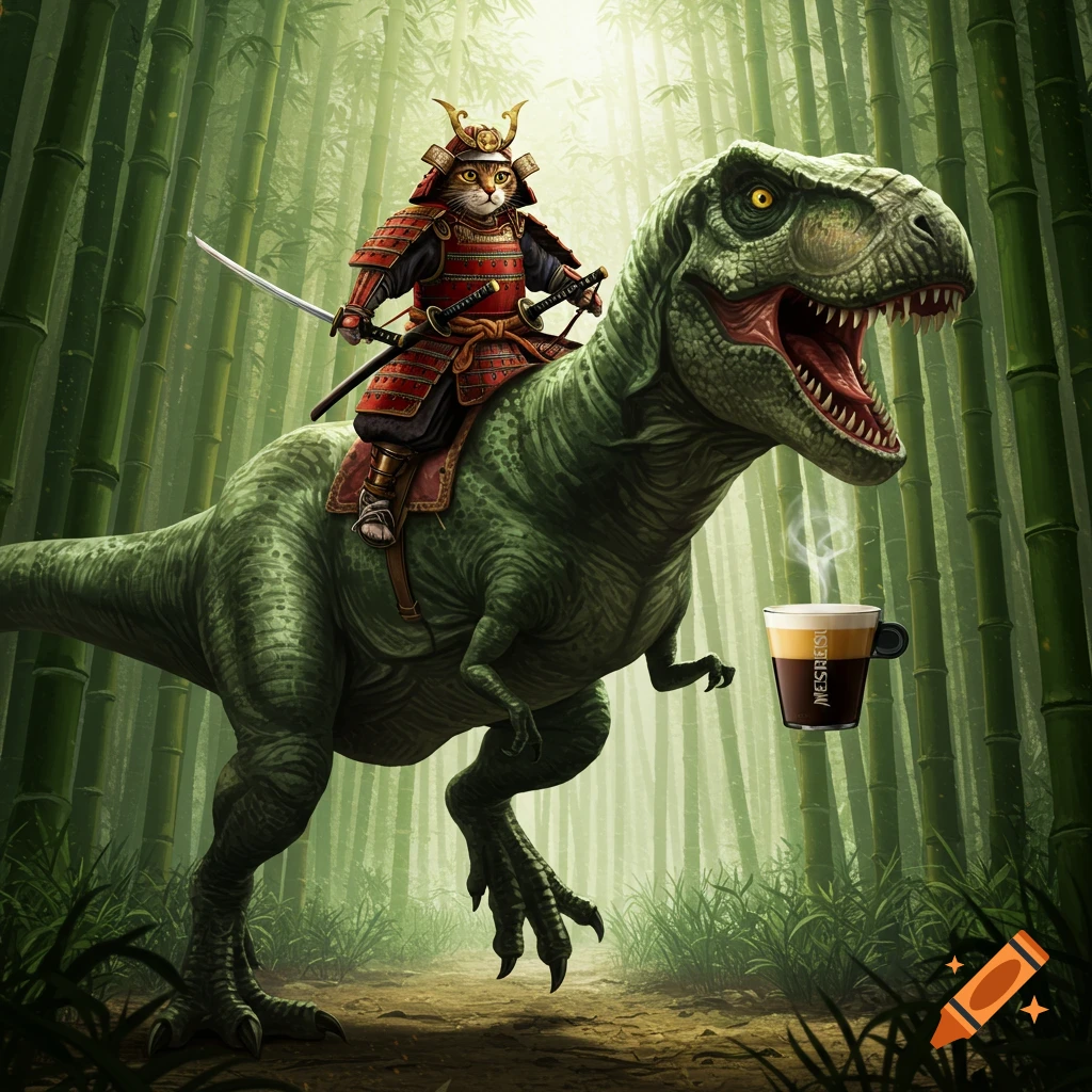 A photorealistic image of a samurai cat riding a T-Rex through a bamboo forest, with a Nespresso cup floating next to the dinosaur.