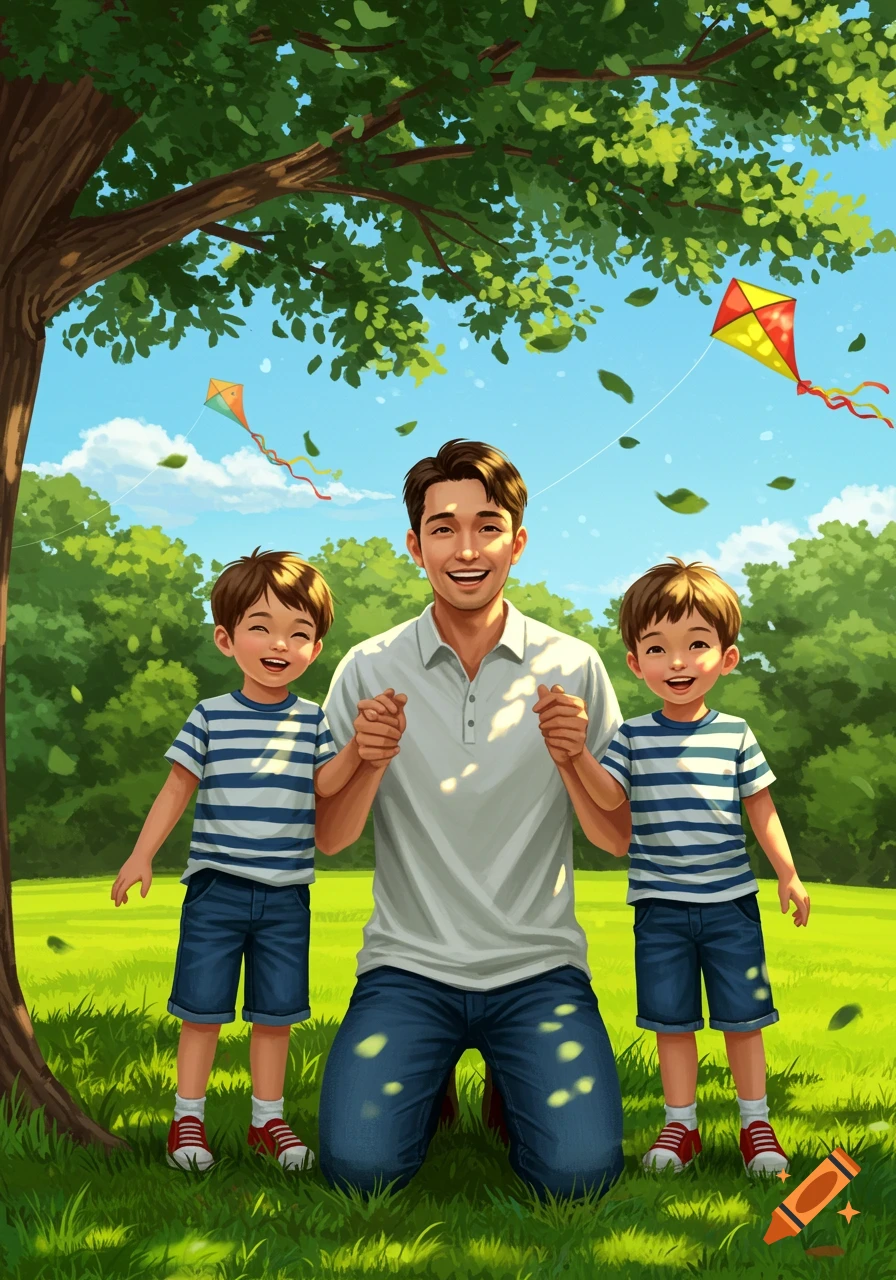 An illustrated father and his twin sons smile joyfully in a sunny park with kites flying overhead.