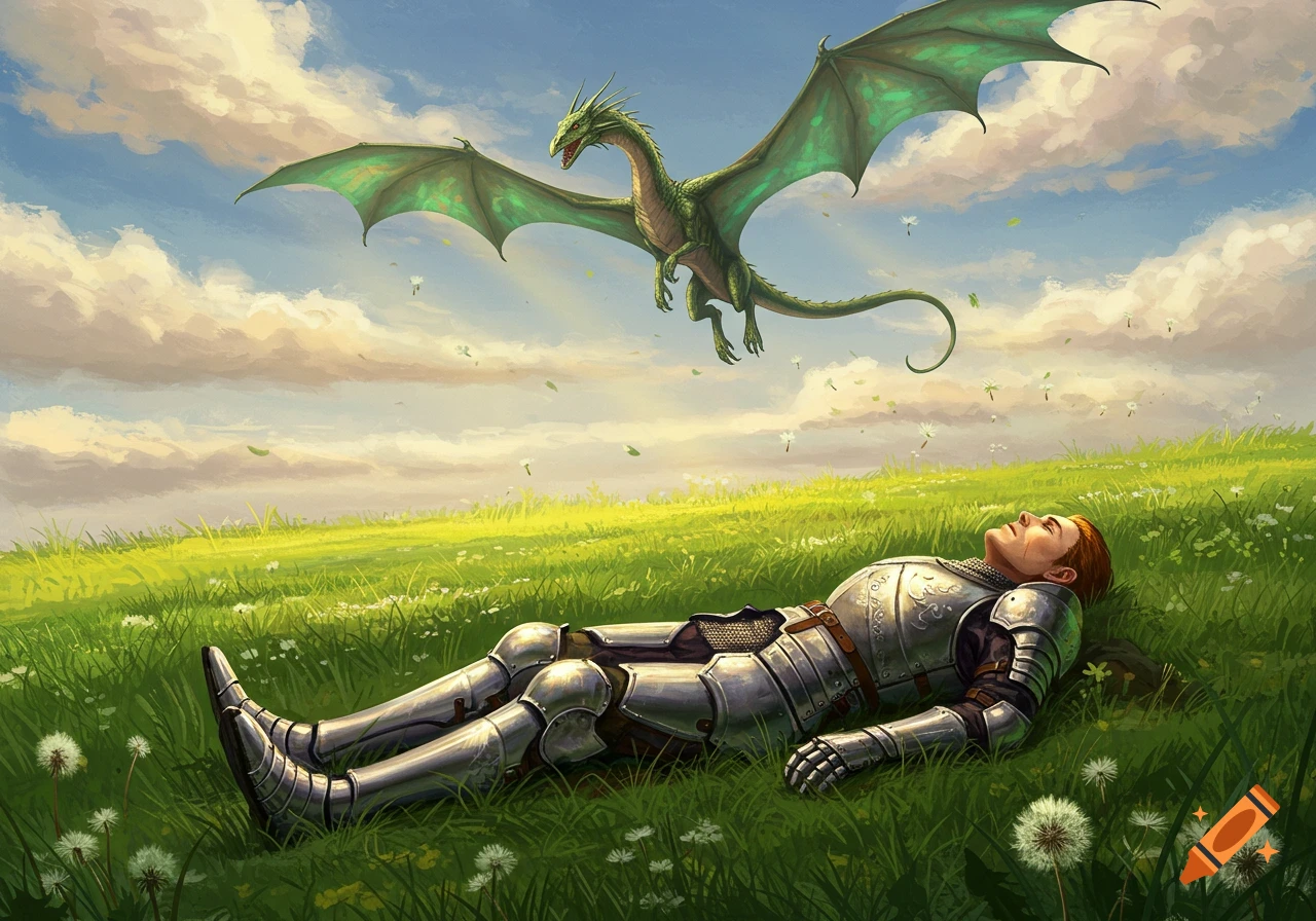 A knight in silver armor lies on a green grassy hill, looking up at a green dragon flying in a blue, cloudy sky.