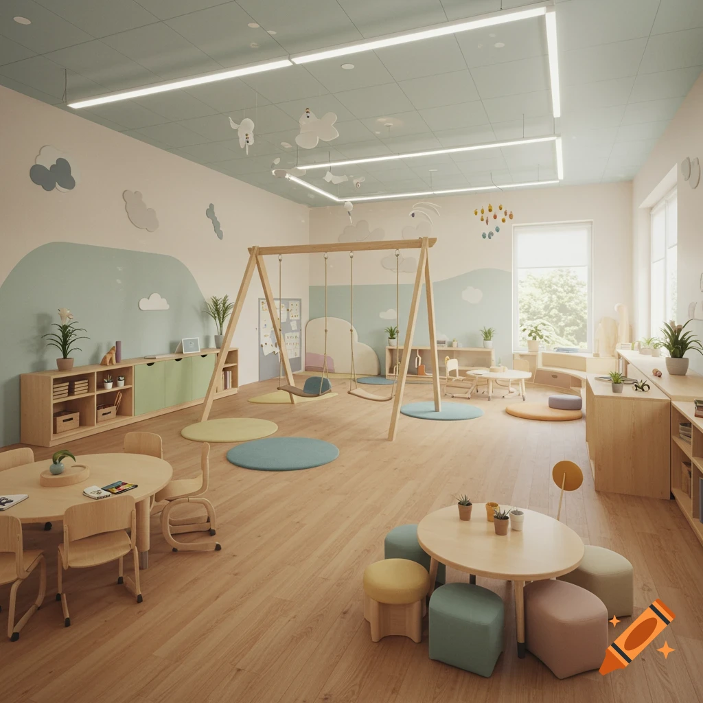A bright and calming preschool classroom with light wood furniture, multiple seating areas, and a wooden swing set.