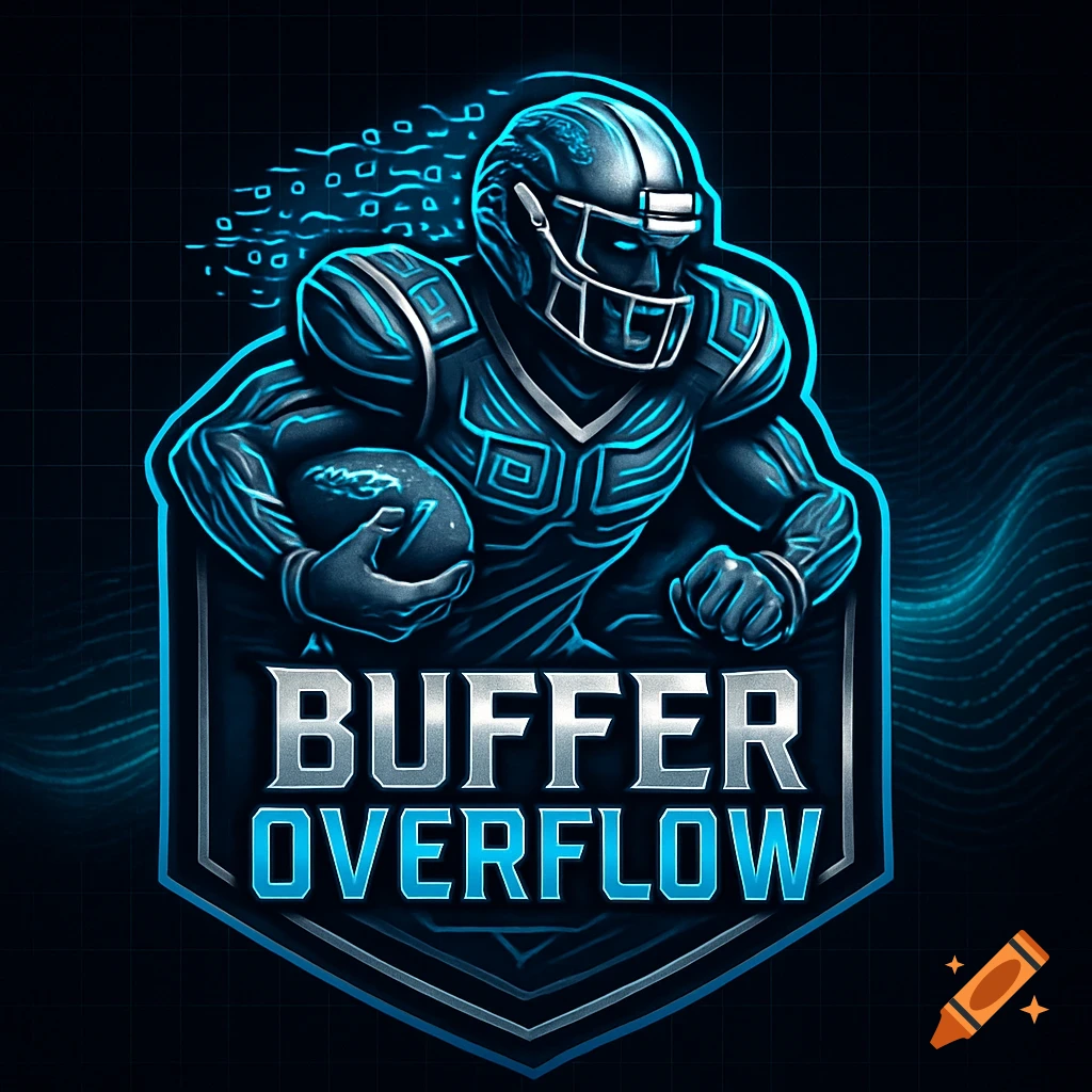 A stylized blue and silver football player logo with "BUFFER OVERFLOW" text against a dark digital background.