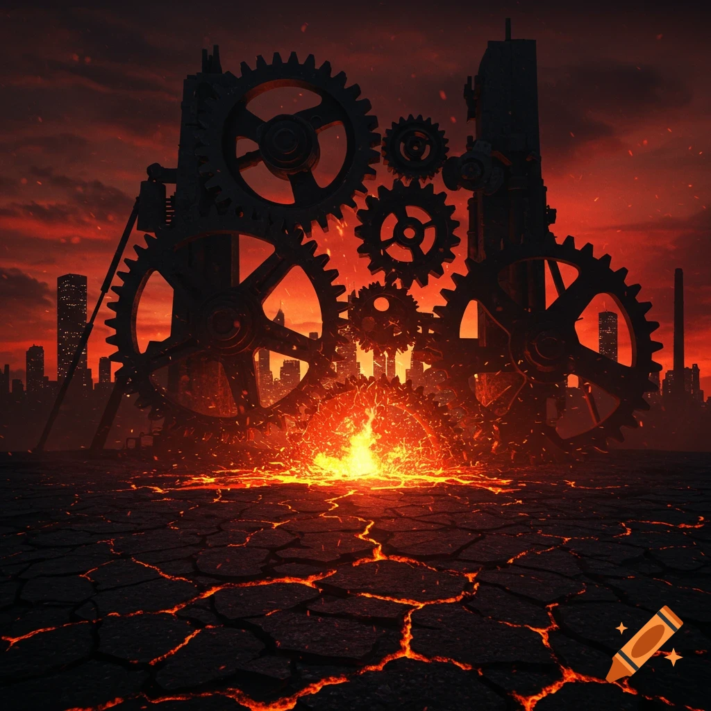 Large gears silhouetted against a fiery red sky, with glowing lava flowing through cracked ground and a distant city skyline.