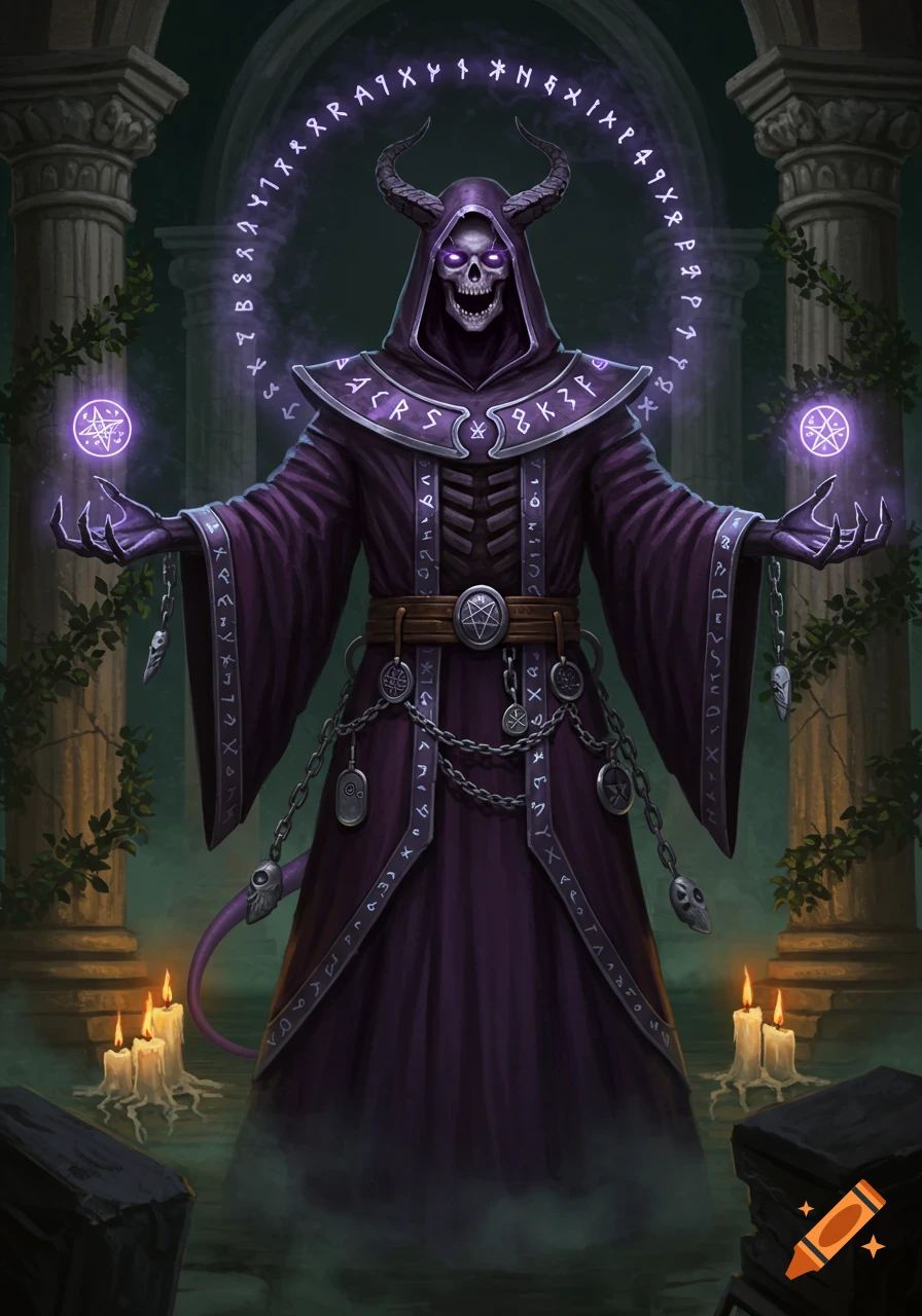 A skeletal, horned figure in a purple robe stands in ancient ruins, holding glowing purple orbs. Glowing runes float above its head.