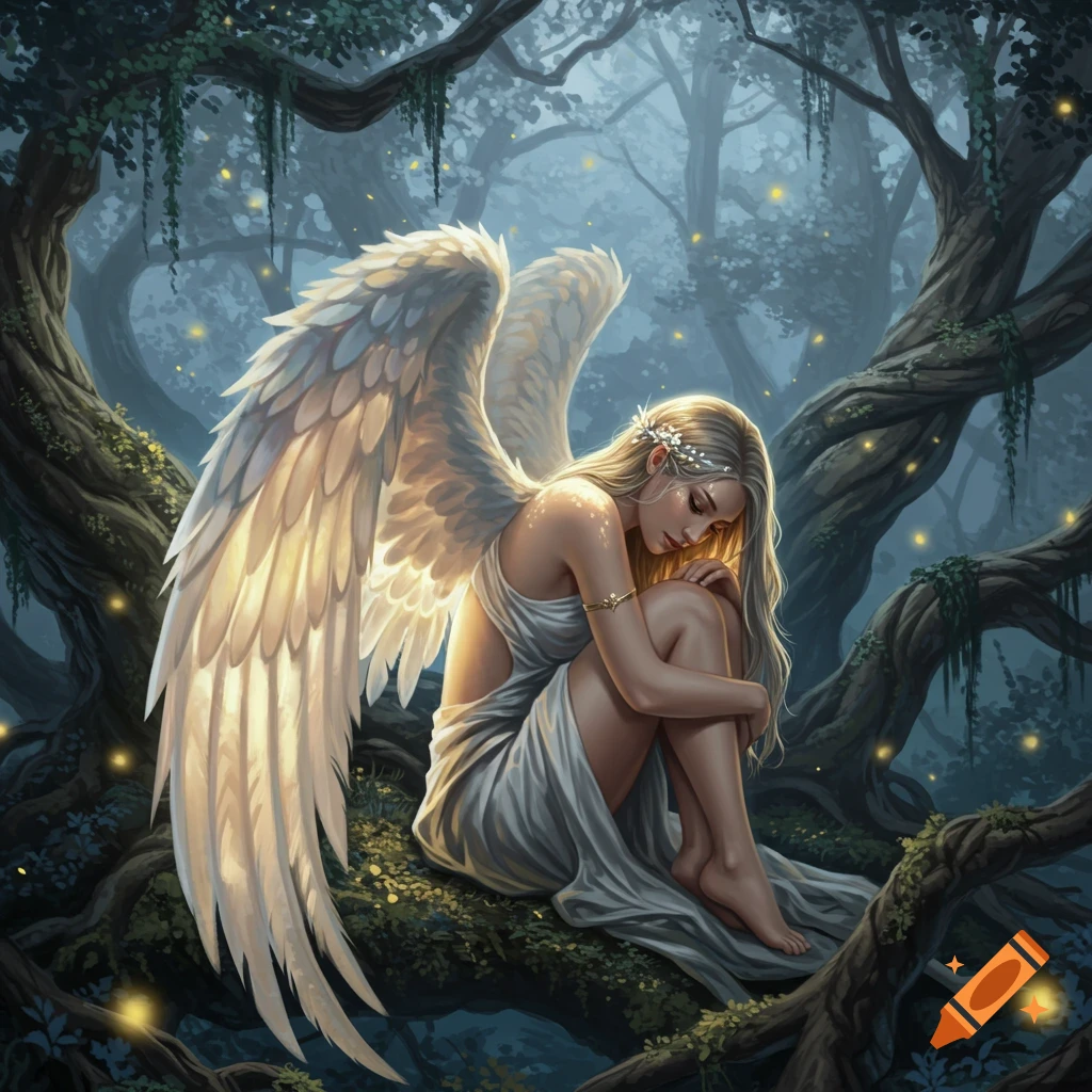 A serene angel with large white wings sits curled up on a mossy tree branch in a magical, glowing forest.