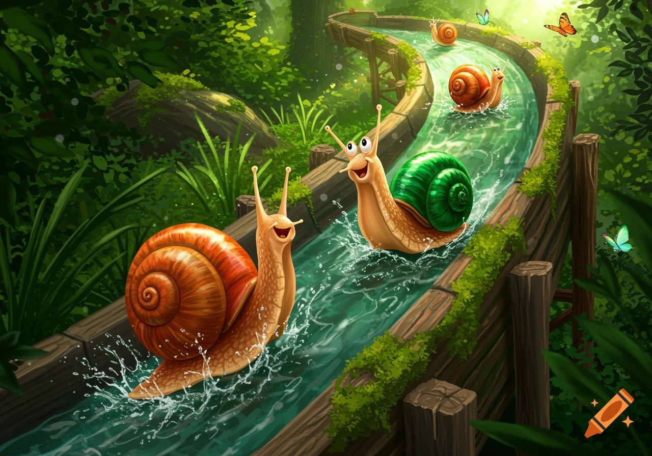 Cartoon snails racing down a wooden log flume in a lush green forest with splashing water and butterflies.