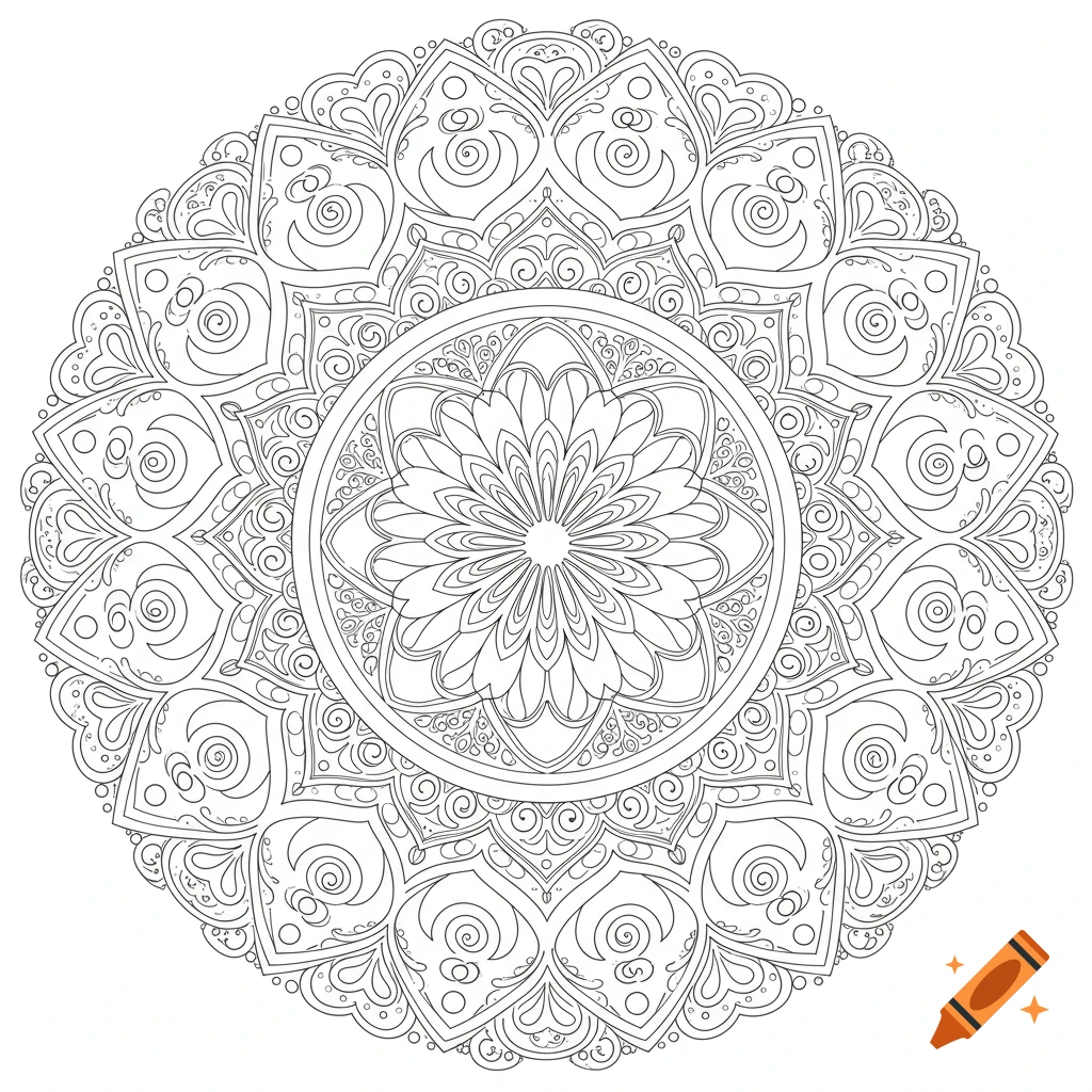 Detailed black and white line art of a circular mandala design, suitable for coloring.