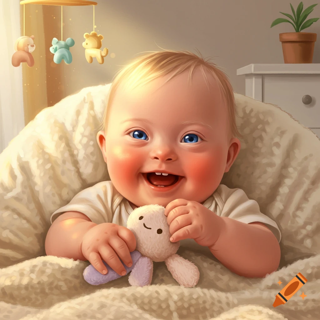 A smiling baby with blue eyes and light hair holds a white stuffed toy, sitting in a cozy blanket with a mobile overhead.