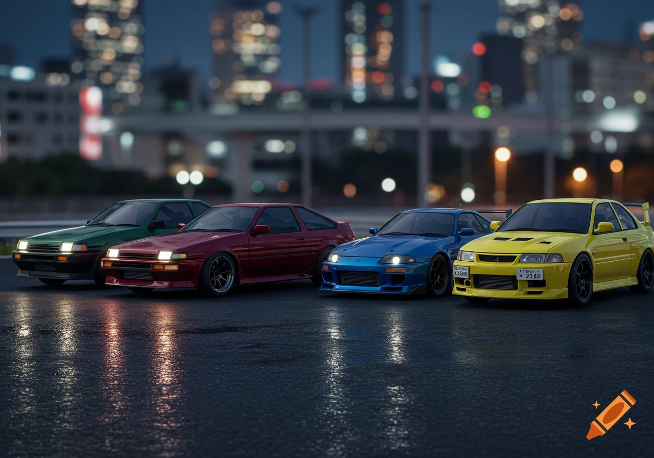 Four custom JDM sports cars - green AE86, red Nissan Z, blue Supra, yellow Evo - lined on a wet city street at night with blurred lights, photorealistic.
