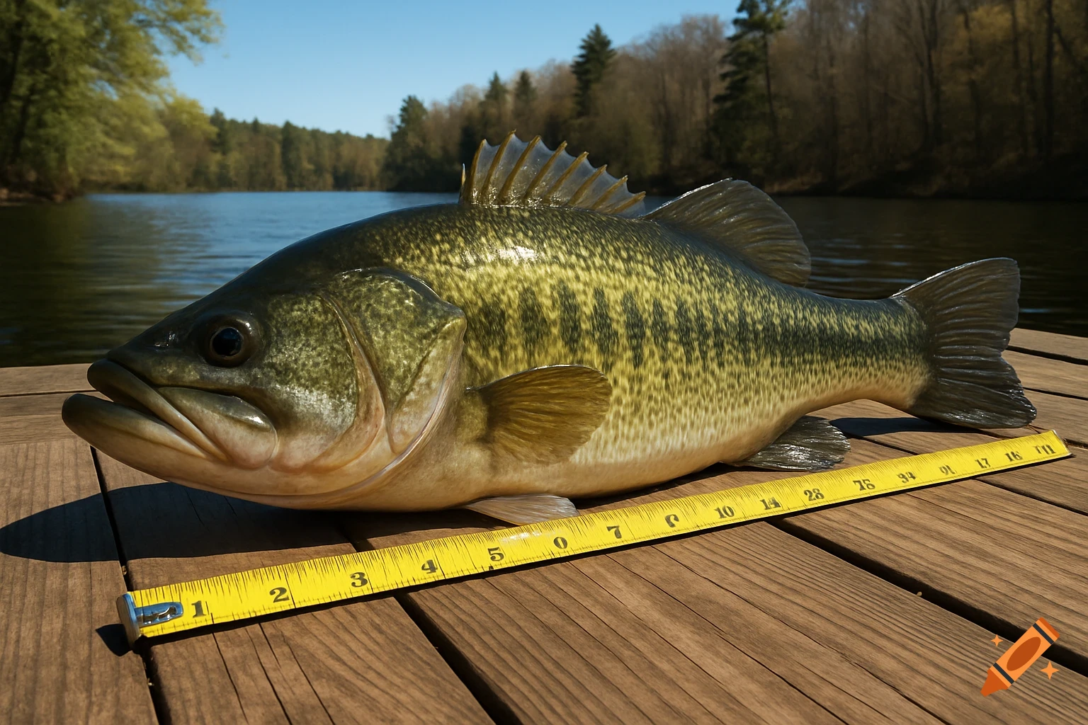 A large, green and yellow bass fish lies on a wooden dock next to a yellow tape measure, with a lake and forest in the background under a clear sky.