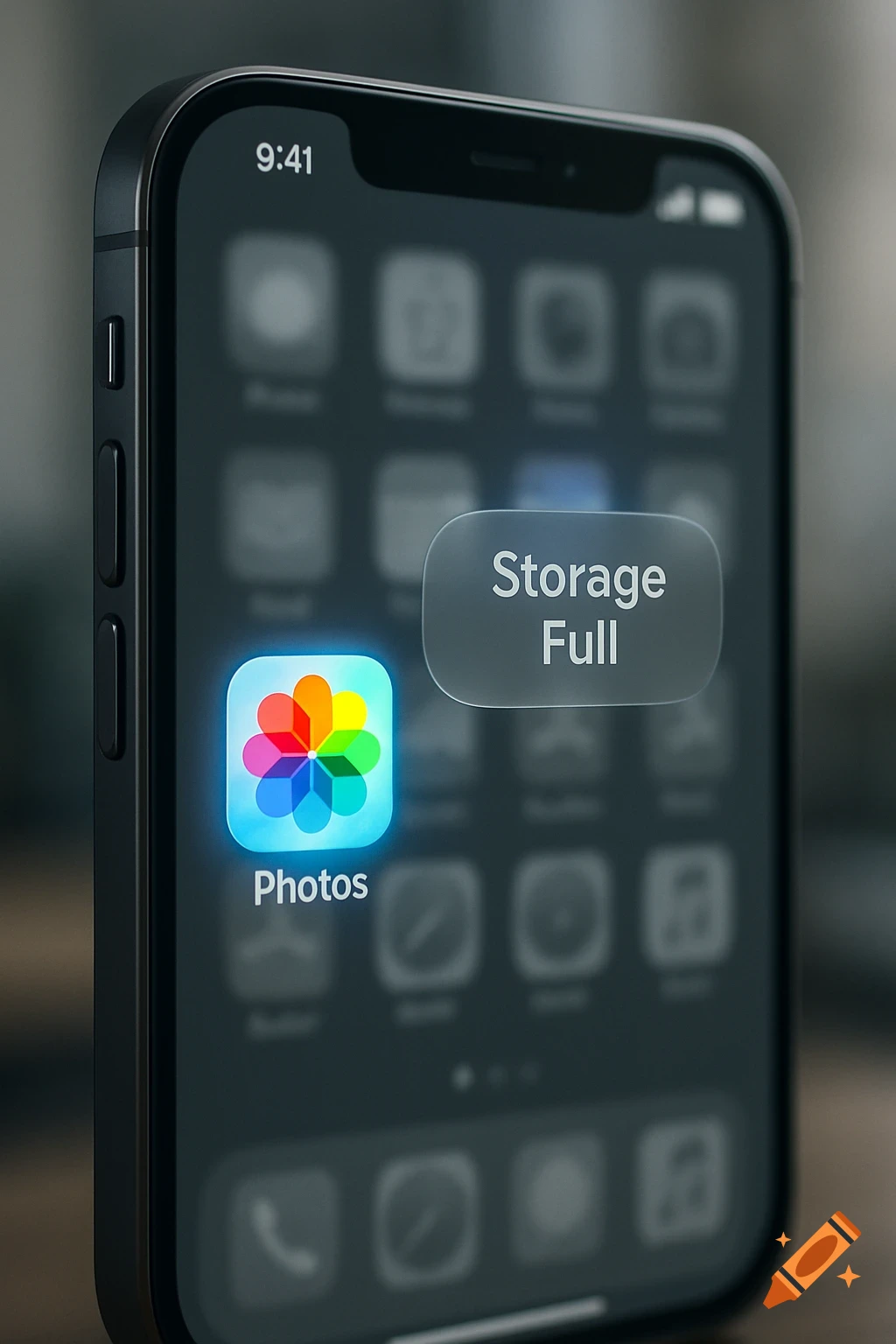 Close-up photorealistic shot of an iPhone screen showing the Photos app highlighted and a 'Storage Full' notification.