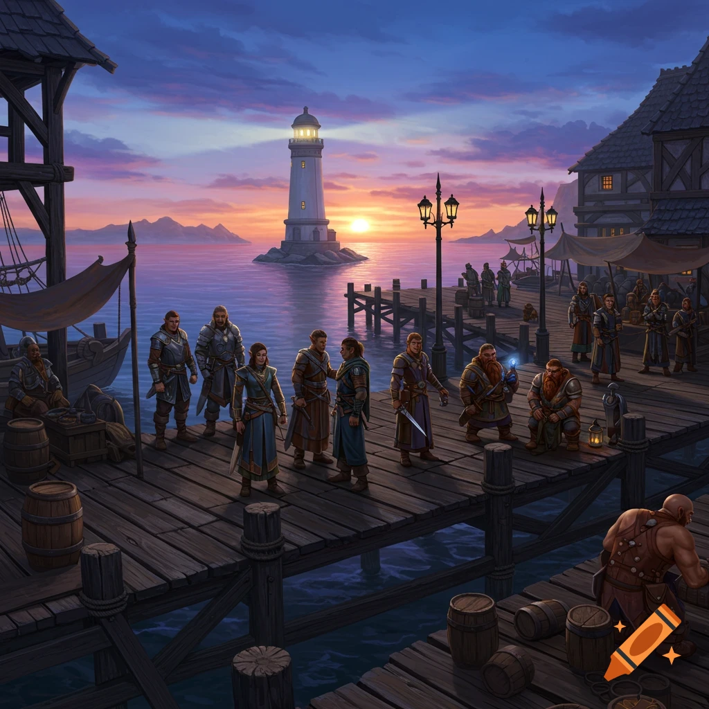 A group of fantasy characters, including elves, dwarves, and humans, stand on a wooden dock at sunset. A lighthouse shines in the distance.